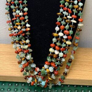 Vintage Natural Jade and Multi Gemstone 3 Strand Chip Bead Necklace